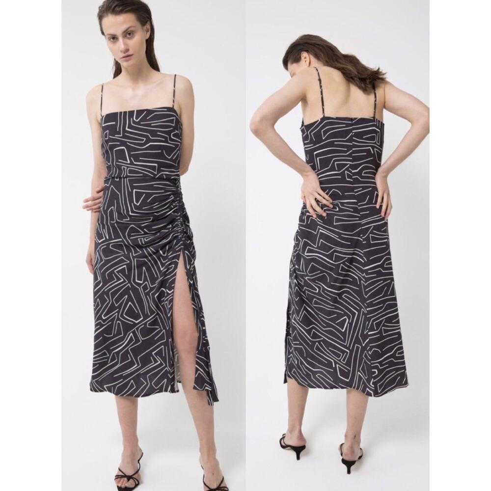 Third Form Picasso Printed Cinched Slip Midi Dress Black Linen Abstract Size S